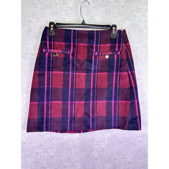 LOFT Dresses & Skirts - Loft Skirt Size 2 Short Pink Plaid Wool Checkered Lined Side Zip Button Accent